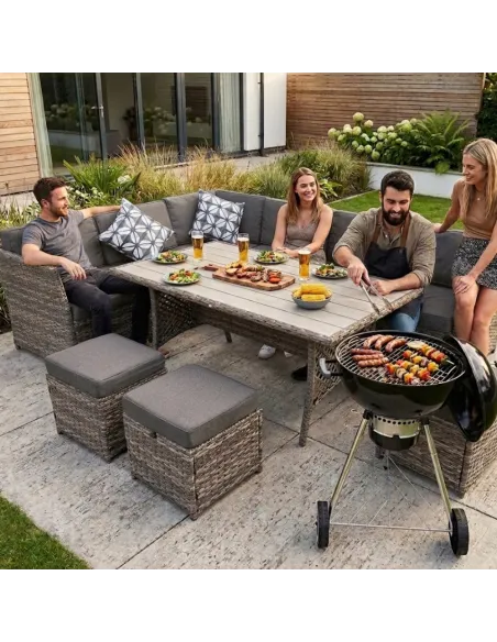 DUŻY Zestaw Mebli OGRODOWYCH Narożnik + STÓŁ + 3x PUFA TECHNORATTAN Premium