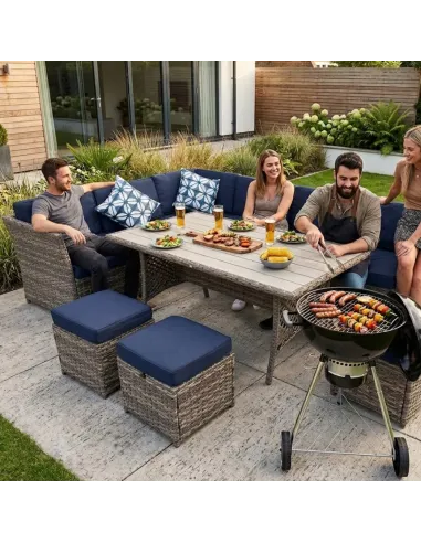 DUŻY Zestaw Mebli OGRODOWYCH Narożnik + STÓŁ + 3x PUFA TECHNORATTAN Premium