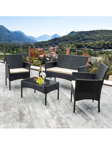 Zestaw Mebli Ogrodowych TECHNORATTAN 4el Czarny Sofa 2x Fotel Stół